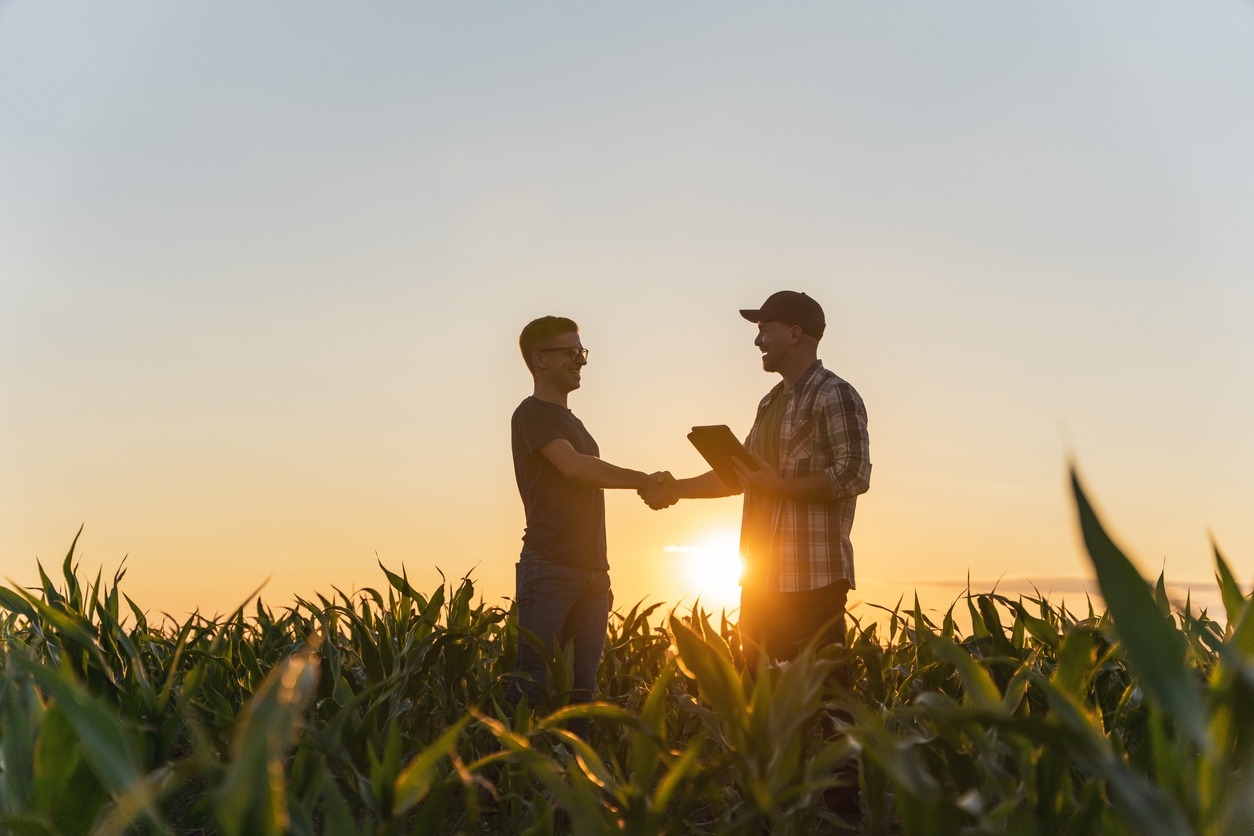 Consultor e produtor conversando no campo